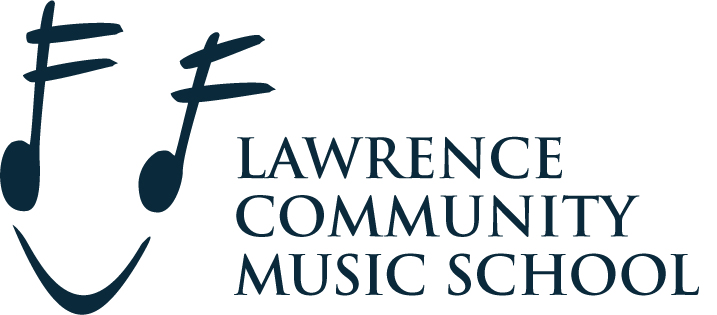 The Lawrence Community School Logo. It features two stylized sixteenth notes with a tie at the bottom, shaped like a smiley face.