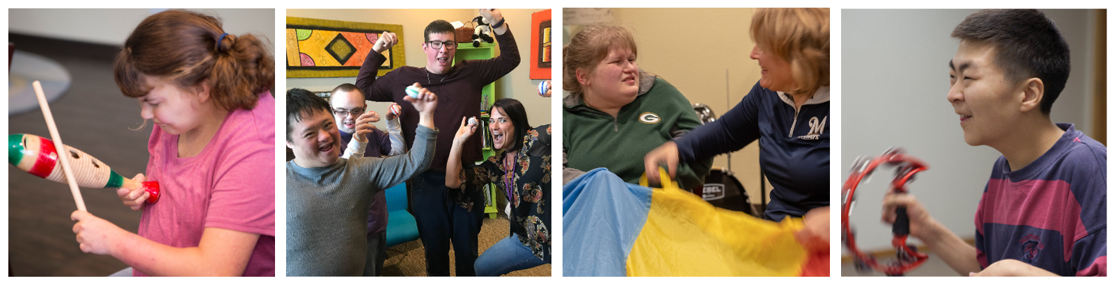 Four photos: a student smiling and playing a percussion instrument with a stick, three students and a teacher posing with shakers, a student and adult playing with a parachute, and a laughing student shaking a tambourine.