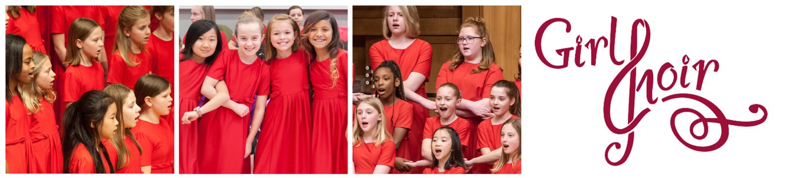 Three photos: Allegretto students performing onstage, four singers smiling with their arms interlocked, Allegretto singing while holding hands. The Girl Choir logo follows, the "C" stylized to look like a treble clef.