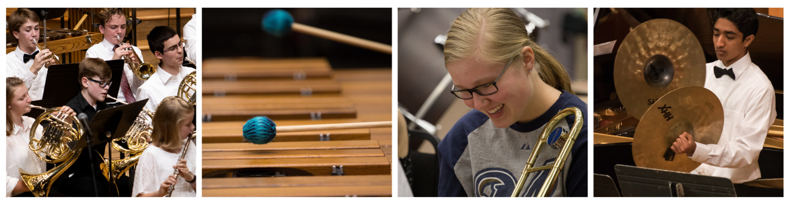 Four photos: Symphonic Band playing onstage, a closeup of mallets on a marimba, a trombone student smiling during rehearsal, a closeup of a student playing the cymbals during a concert