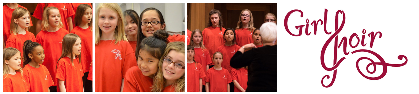 Three photos: a closeup of Ragazze students singing onstage, 5 smiling Ragazze students hugging and posing for the camera, Ragazze singing while their teacher conducts. The Girl Choir logo follows, the "C" stylized to look like a treble clef.