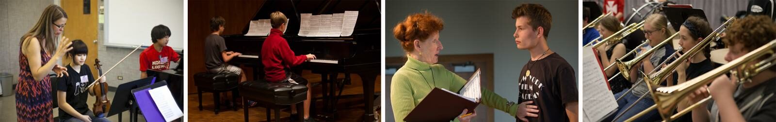 Four photos: a teacher assisting a chamber ensemble, students playing two pianos side-by-side, a teacher holding music with her hand on a singer's stomach, a line of students playing trombones