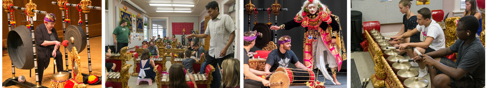 an elderly woman hits the gong with a mallet; a smiling teacher talks to the class of children and parents/guardians; a gamelan performance featuring drummers and a man dressed in traditional clothing and a mask; teenage students practicing gamelan