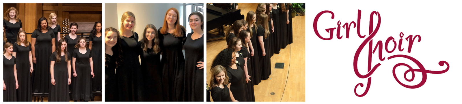 Three photos: Bel Canto singing during a concert, 5 students smiling with their arms around each other, Bel Canto seniors holding hands in a line at the front of the stage. The Girl Choir logo follows, the "C" stylized to look like a treble clef.