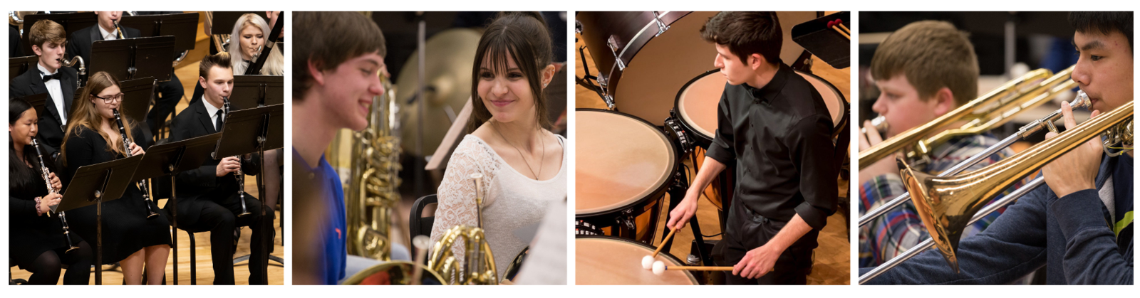 Four photos: the woodwinds playing during a concert, two brass students smiling at each other during rehearsal, a student playing timpani during a concert, two trombonists playing during rehearsal