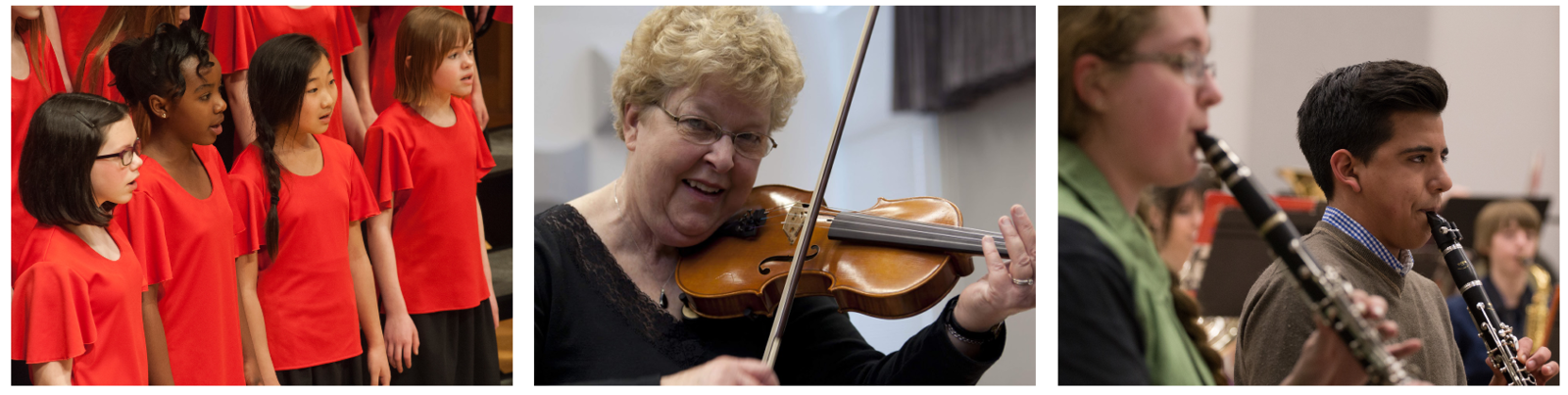 Three photos: Girl Choir students singing onstage, an older student smiling and playing a violin, two clarinet students playing during Wind Ensemble rehearsal