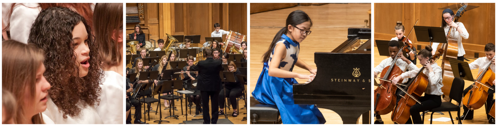 Four photos: a close-up of Girl Choir students singing at a concert, Wind Ensemble students playing at a concert, a young student playing the piano at the Honors Recital, ASTRO students performing at a concert