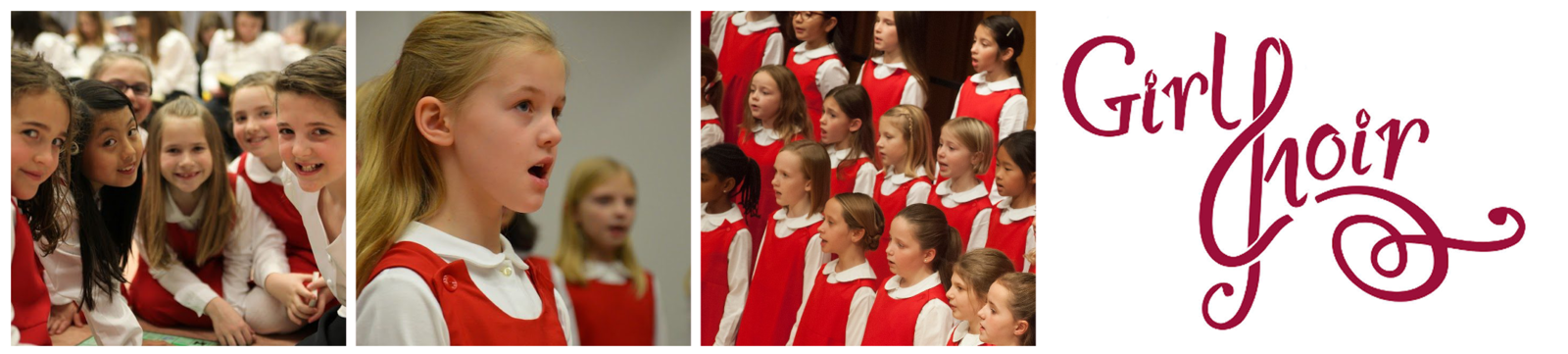 Three photos: smiling Primo students sitting huddled together backstage, a closeup of a Primo student singing, Primo students singing during a concert. The Girl Choir logo follows, the "C" stylized to look like a treble clef.
