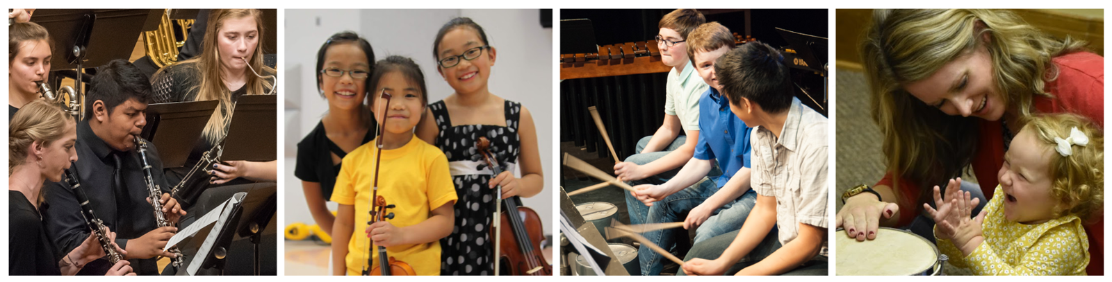 Four photos: Wind Ensemble playing during a concert, three young string players smiling and posing with their instruments, a drumming ensemble playing and grinning at each other, a mother and toddler playing a drum