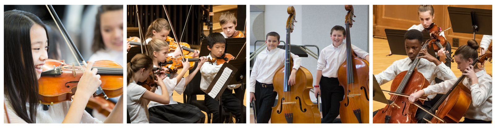Four photos: a closeup of a violinist smiling and playing, viola and violin players plucking their instruments during a concert, two bassists leaning on their instruments and smiling for the camera,  two cellist playa during a concert