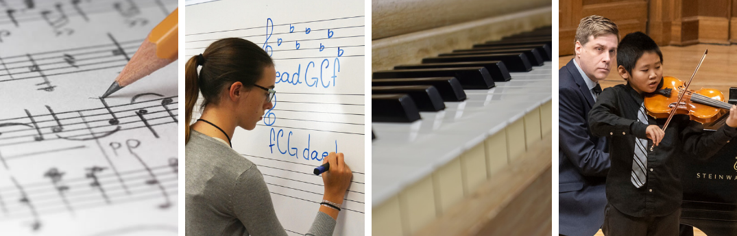 A collage of photos: a pencil marking notes on paper, a student writing  sharps and flats on a white board, a close-up of piano keys, and a student playing a violin at on stage.