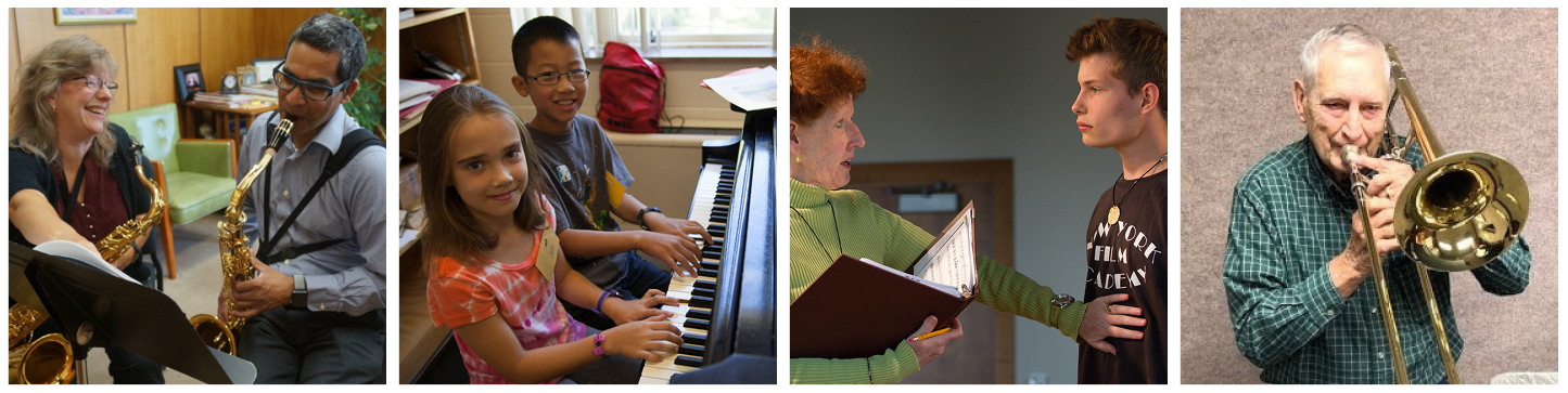 Four photos: a teacher and adult student playing saxophones in a lesson, two young students playing the piano and smiling, a teacher with her hand on a singer's stomach talking about breath support, an elderly student playing trombone