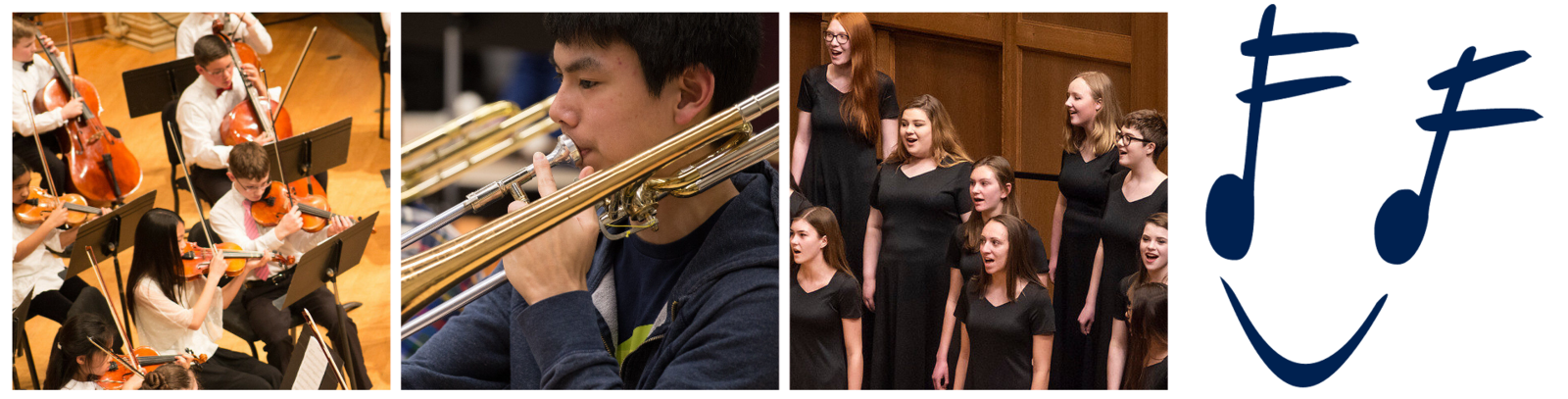 Four photos: ASTRO performing on stage, a trombonist playing at band rehearsal, Bel Canto singing on stage, and the Community Music School smile logo