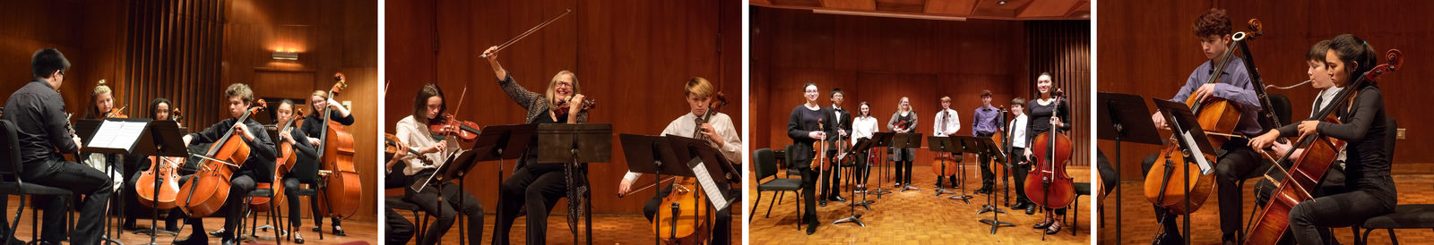 photos of chamber ensembles performing, featuring string and woodwind instruments