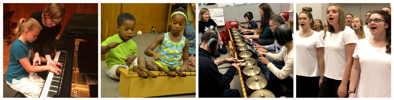 Four photos: a teacher corrects a students hand placement at a piano, two young children play a xylophone, community members play Balinese met allophones, Cantabile students sing backstage in uniform