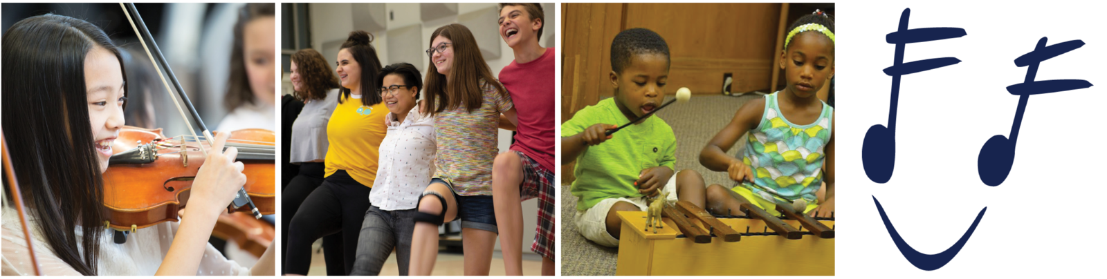 a young smiling student playing pizzicato on a string instrument, a row of teenage students laughing in a kickline, two children playing the xylophone 