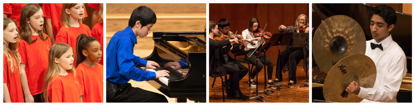 Four photos: the Ragazze Girl Choir singing on stage, a student playing piano at the Honors Recital, students and their instructor playing on stage at a chamber ensembles concert, a student crashing cymbals at a band concert