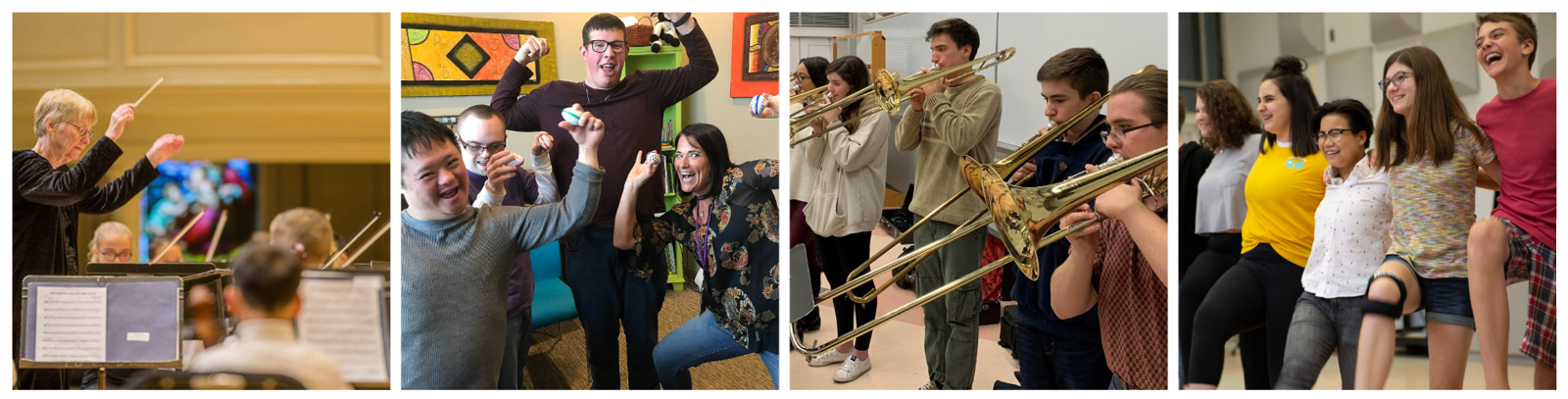 Four photos: the conductors raises her baton in front of ASTRO, students and their teacher pose with shakers, students stand in a line and play trombones, students laugh while in a kickline