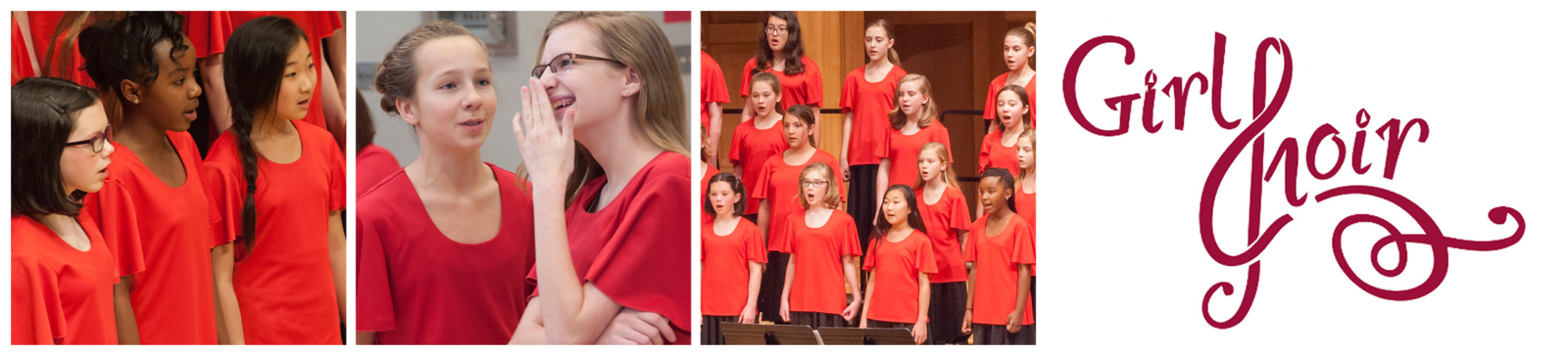 Three photos: a closeup of three Capriccio students singing, two students talking and laughing backstage, Capriccio students singing during a concert. The Girl Choir logo follows, the "C" stylized to look like a treble clef.