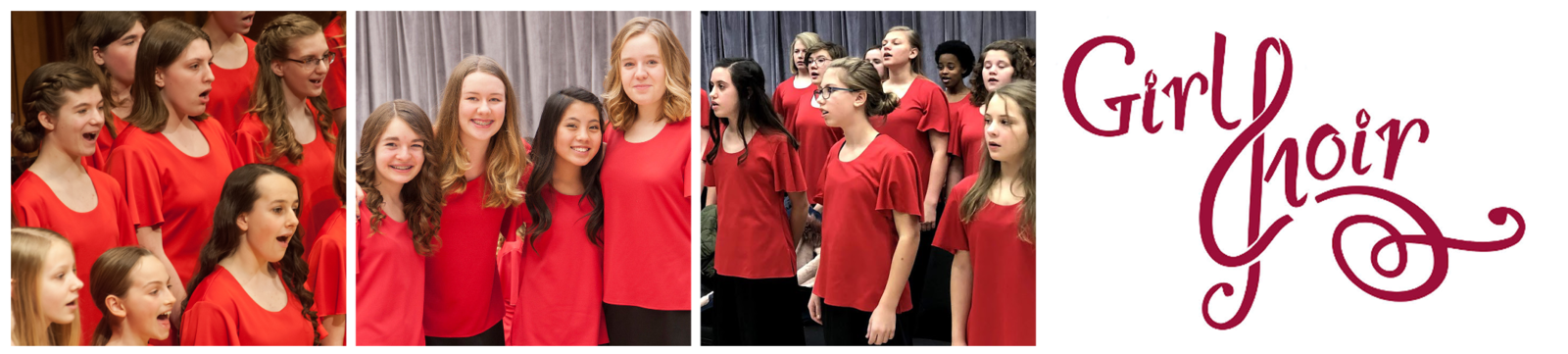 Three photos: a closeup Arioso students smiling and singing, three smiling students with their arms around each other, Arioso students warming up backstage. The Girl Choir logo follows, the "C" stylized to look like a treble clef.
