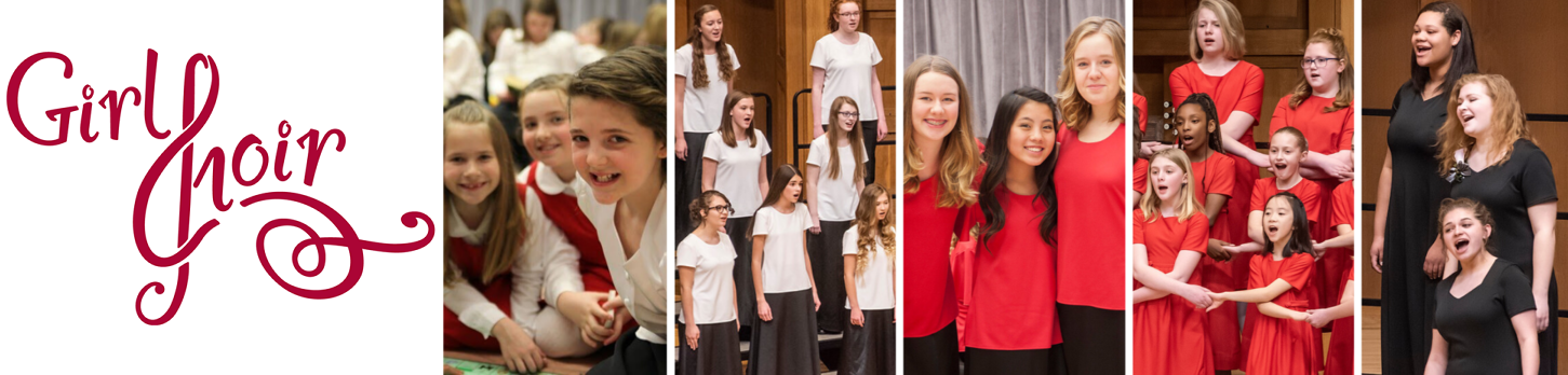 The Girl Choir logo appears on the left followed by several photos of Girl Choir students of all ages singing, smiling, playing together, and posing for the camera.