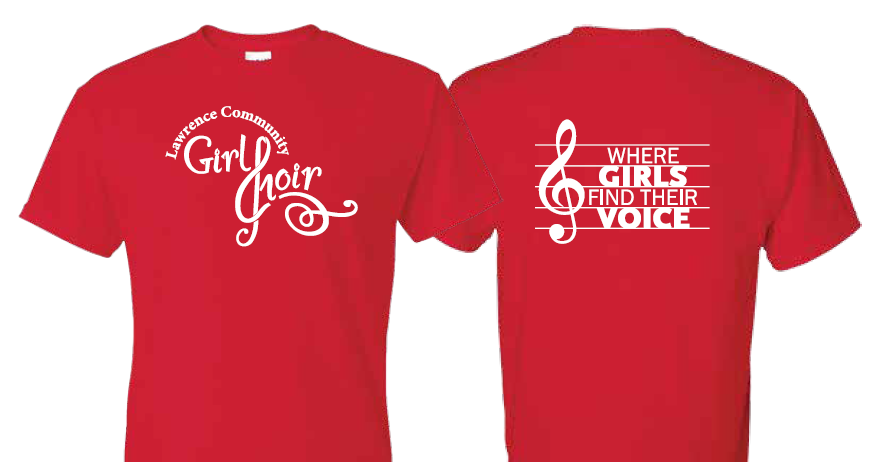 A red Girl Choir t-shirt - the Girl Choir logo appears on the front with the "C" in "choir" stylized to look like a treble clef, and "Where Girls Find Their Voice" appears on the back with the words set on a music staff.