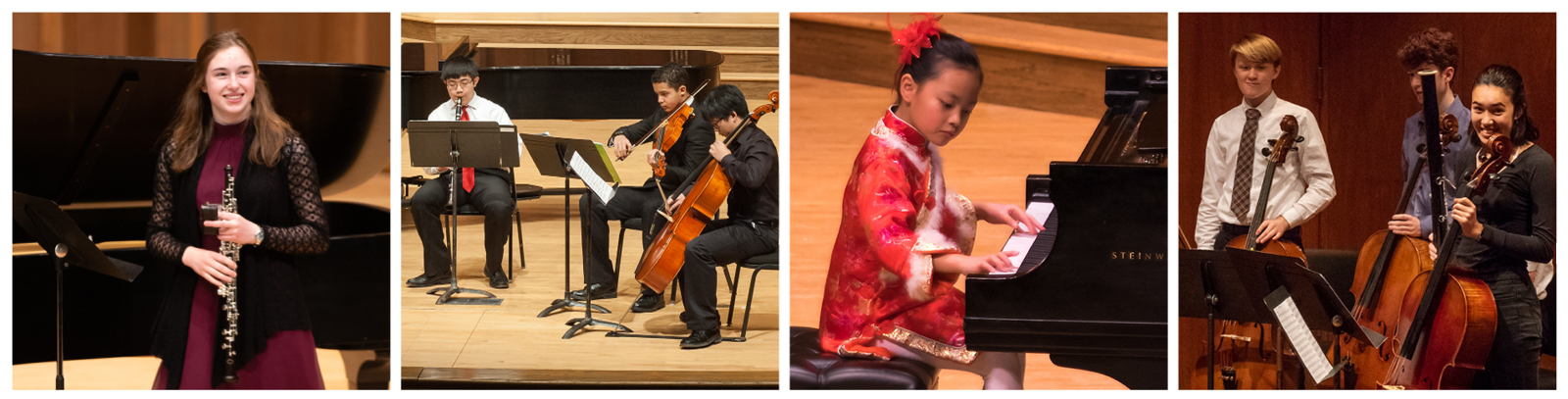 Four recital photos: a student smiling and holding her oboe on stage, a chamber ensemble performing on stage, a young student playing the piano on stage, students standing up and smiling after a performance