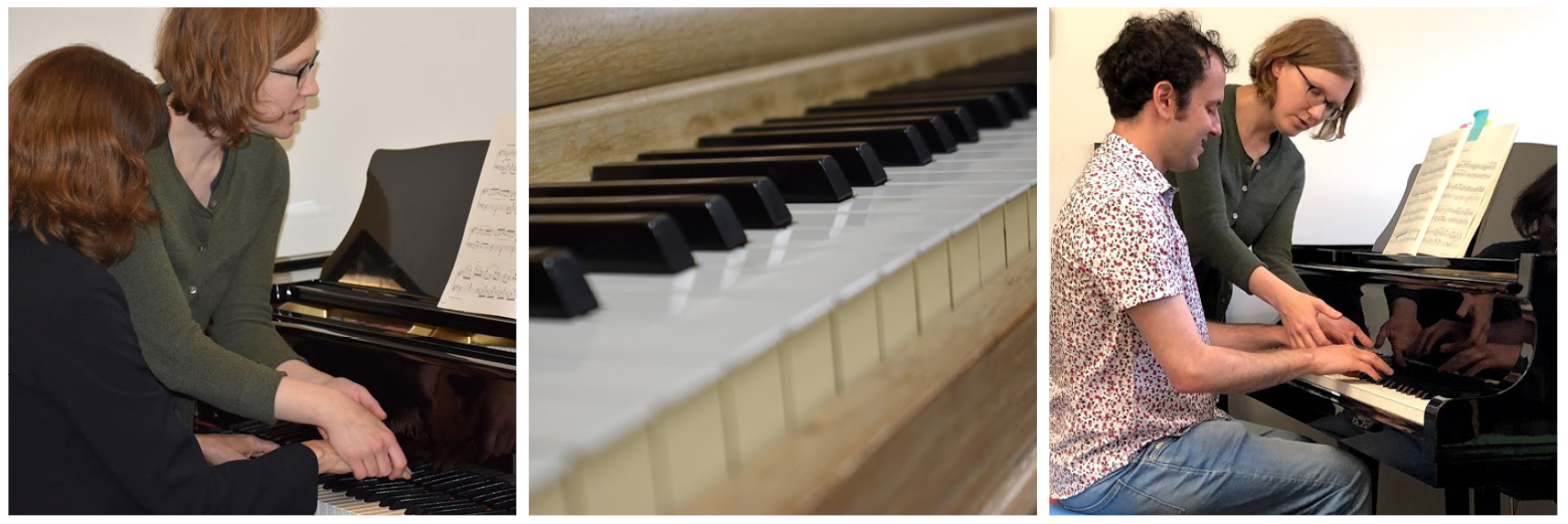 There are 3 photos: instructor Anna Reiser helps position the hands of a student on the piano, a closeup of a piano, Anna Reiser lifts a student's hand to demonstrate correct posture on the piano